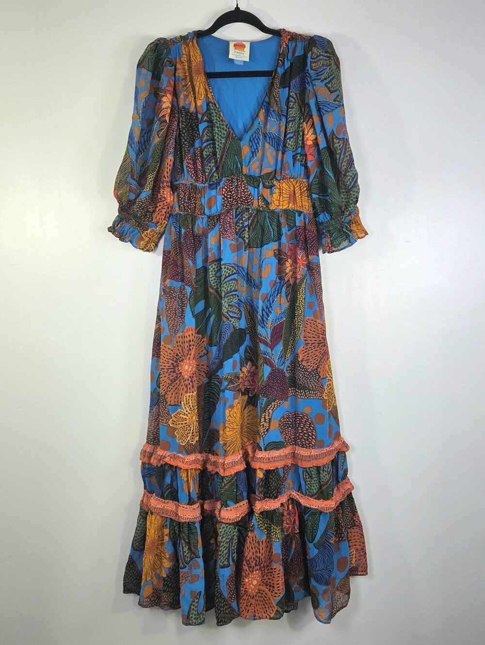 FARM RIO x ANTHROPOLOGIE PUFF SLEEVE MAXI TROPICAL FLORAL DRESS.